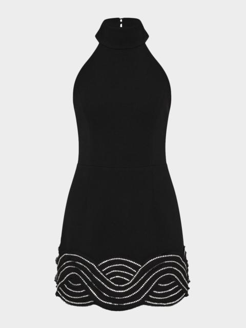 REBECCA VALLANCE Bellatrix Low-Back Rhinestone Halter Mini Dress