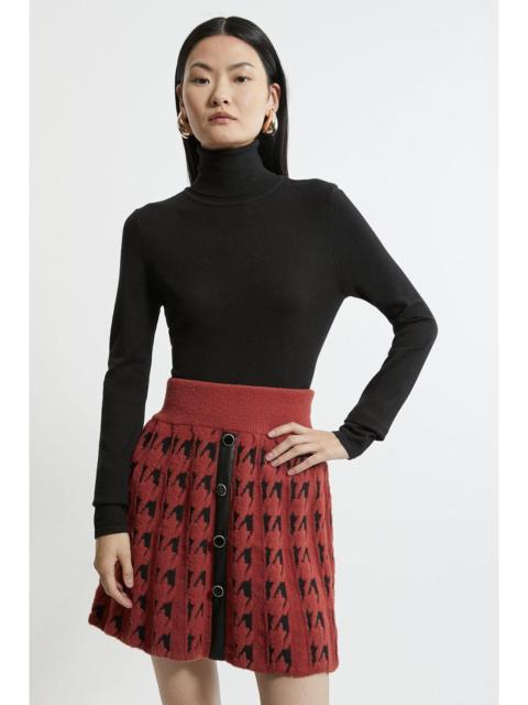KAREN MILLEN Boucle Knit Dogtooth Jacquard Pu Trim Skater Skirt
