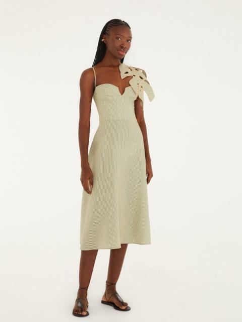 FARM RIO Green Striped 3D Monstera Leaf Euroflax™ Premium Linen Midi Dress