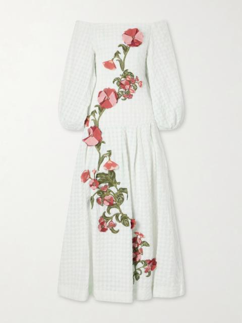 Agua by Agua Bendita Senlis Off-the-shoulder Floral-appliqué Checked Linen Maxi Dress