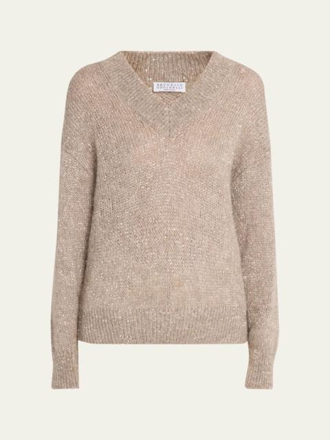 Brunello Cucinelli Winter Glow Paillette Mohair V-Neck Sweater
