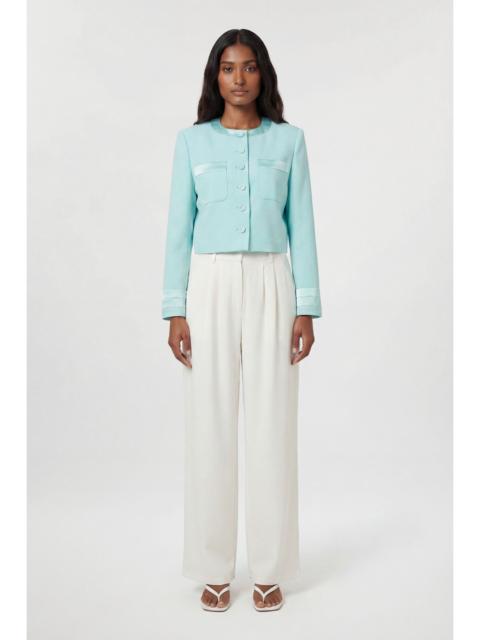 KAREN MILLEN Satin Tux Tailored Collarless Cropped Blazer