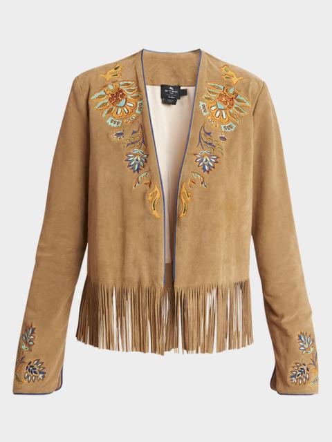 Etro Embroidered Suede Fringe Open Jacket