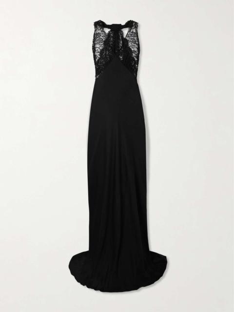 Lace-trimmed silk-charmeuse halterneck gown