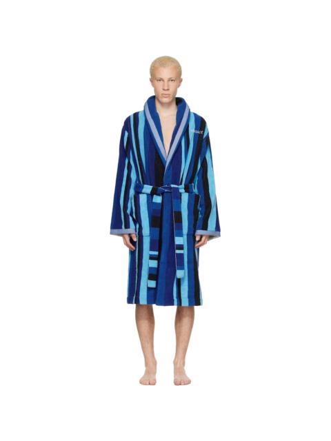 VERSACE Blue Striped Cotton-Terry Jacquard Bathrobe