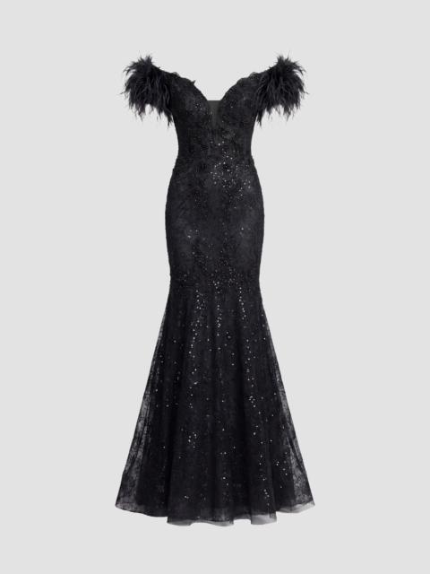 MAC DUGGAL Women's Sequin-Embellished Feather-Sleeve Trumpet Gown - Black