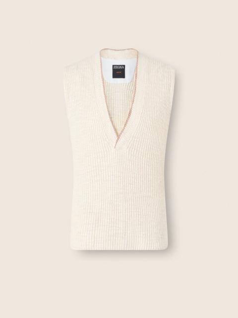ZEGNA WHITE COTTON AND LINEN POLO SHIRT