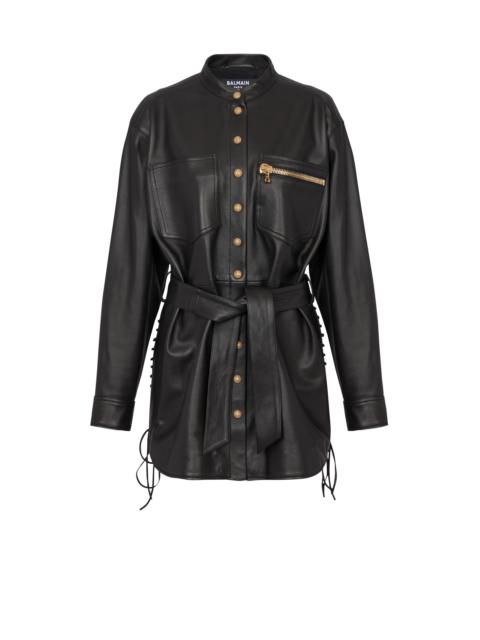 Leather overshirt with lace-up details