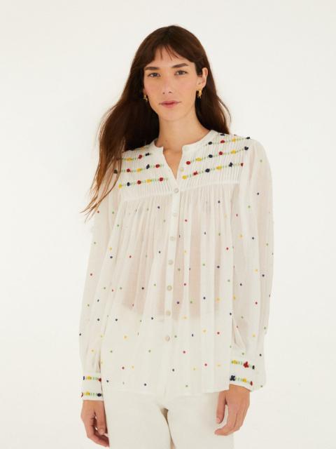 FARM RIO Off-White Embroidered Beads Organic Cotton Long Sleeve Blouse
