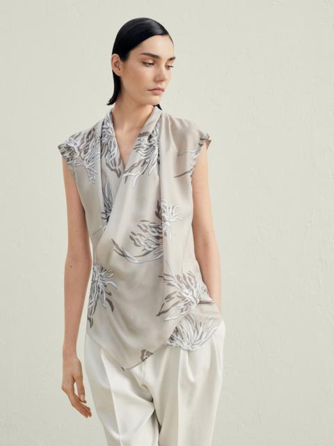 Brunello Cucinelli Silk marine flower pongee wrap top with monili