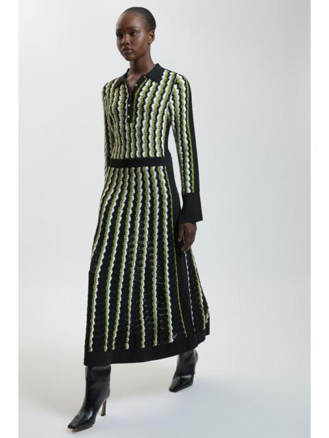 KAREN MILLEN Knit Pointelle Contrast Collared Midi Dress