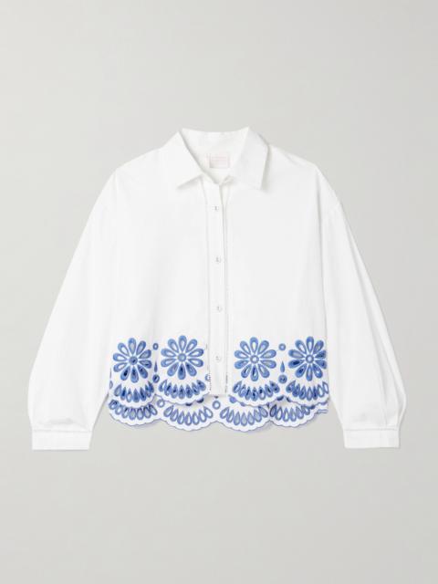 LORETTA CAPONI Assia Cropped Broderie Anglaise-trimmed Cotton-voile Shirt