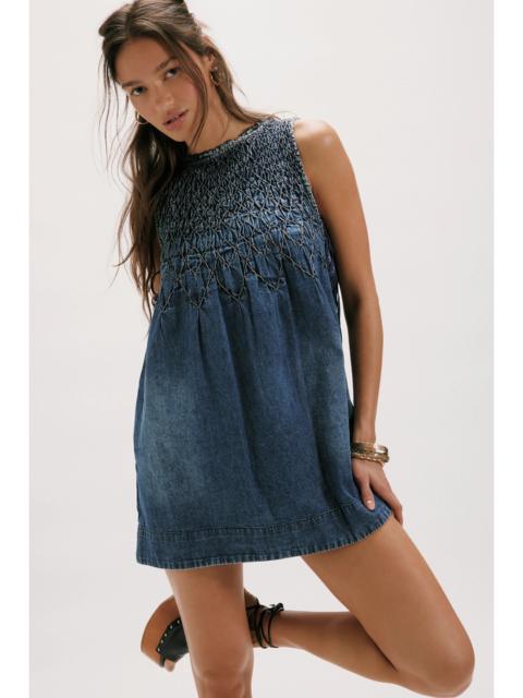 FREE PEOPLE Maisie Smocked Denim Mini Dress