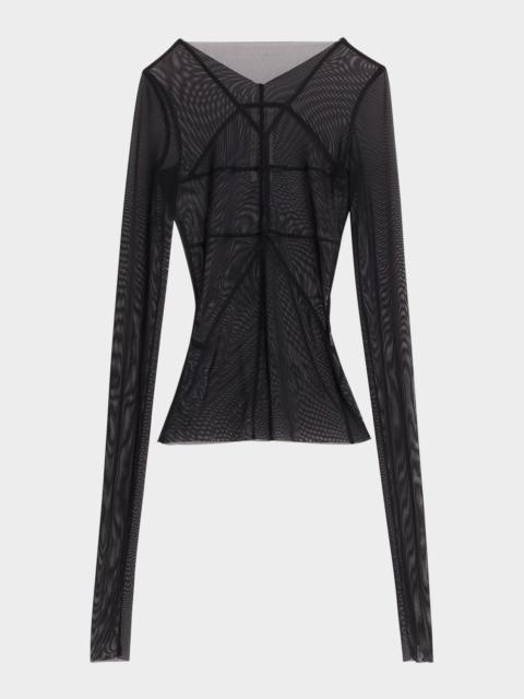 Rick Owens Temple Seamed Mesh Long-Sleeve Top