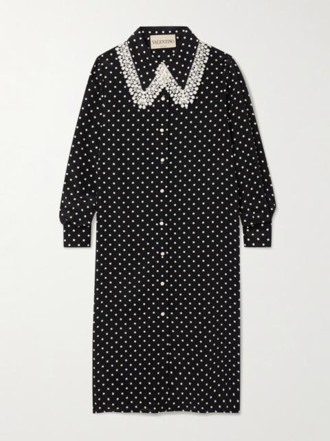 Valentino Lace-trimmed Polka-dot Printed Silk Crepe De Chine Midi Dress