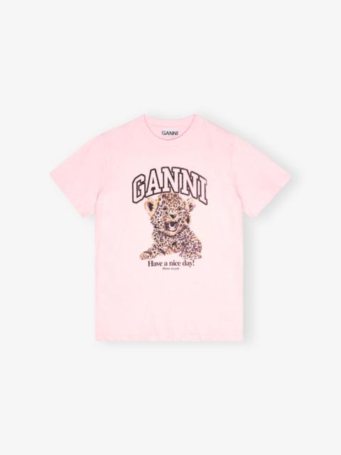 GANNI PINK BASIC JERSEY LEOPARD RELAXED T-SHIRT