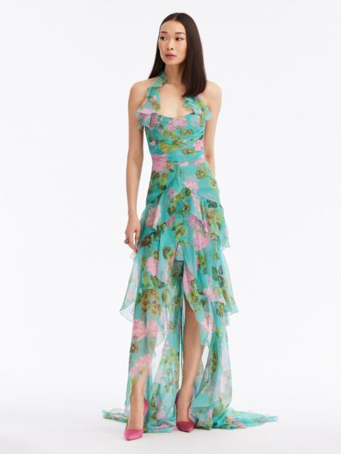 RUFFLE GERANIUM CHIFFON GOWN