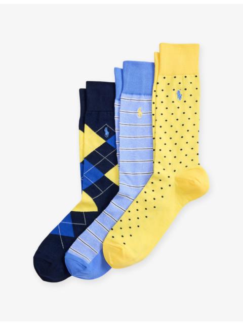 Polo Ralph Lauren Argyle, Striped and Dotted Pack of Three Cotton-Blend Socks