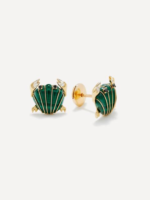 Yvonne Léon 9ct Gold Malachite Diamond Shell Crab Stud Earrings