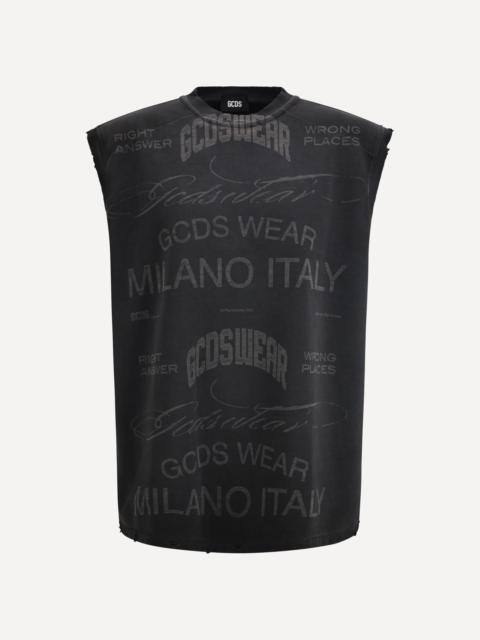 GCDS History sleeveless Sweatshirt in cotton with all-over “History” print