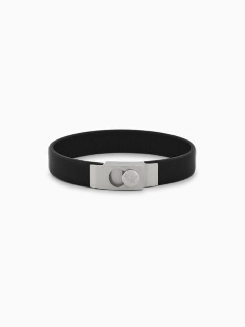 EMPORIO ARMANI STAINLESS STEEL AND BLACK LEATHER STRAP BRACELET