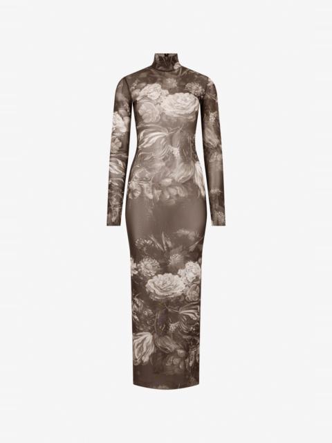 Roberto Cavalli Laminated Tulle Dress With Fiammingo Flowers Print