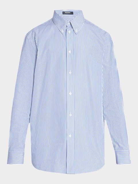 Balmain Men's PB Logo Cuff Cotton Pinstripe Button-Down Shirt