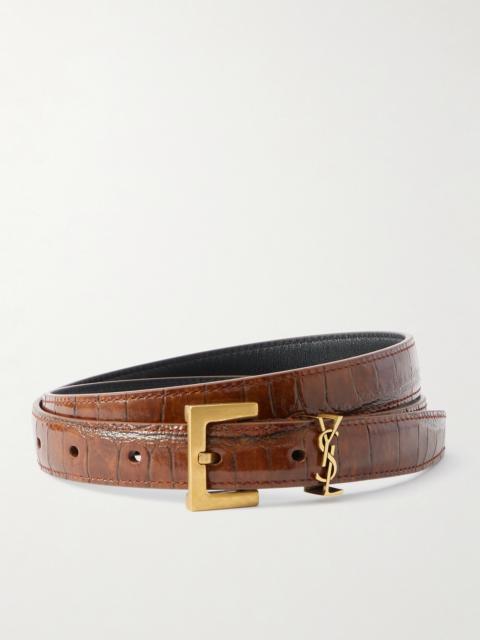 SAINT LAURENT Cassandre Croc-effect Leather Belt
