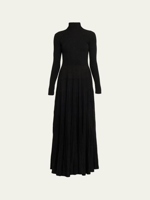 Ralph Lauren Rib-Knit Pleated Turtleneck Gown