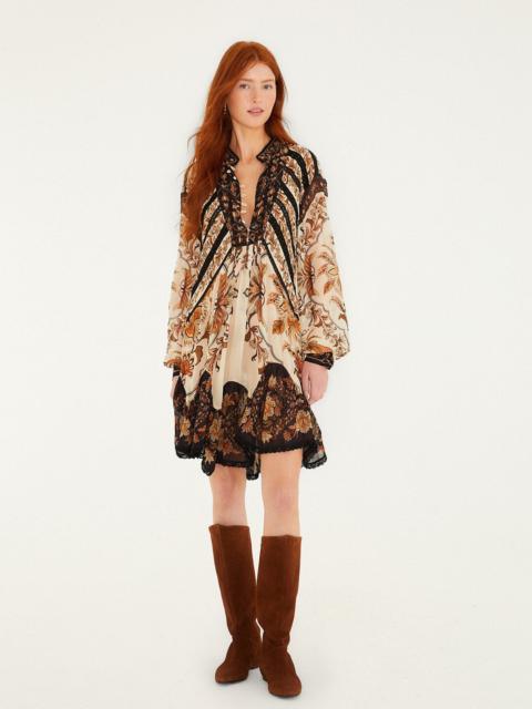 FARM RIO Sand Majestic Garden Lace Long Sleeve Mini Dress