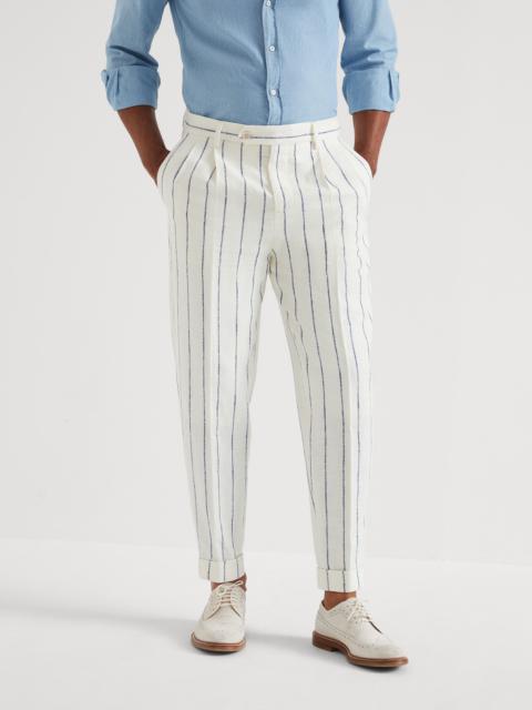 Linen, wool and silk chalk stripe easy fit trousers with double pleats and waist tabs
