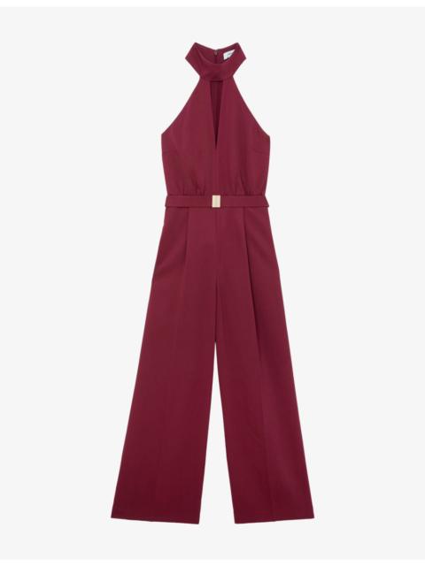 REISS Jodie Halterneck Belted-Waist Stretch-Woven Jumpsuit