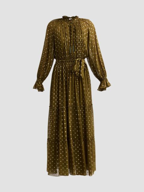 HEMANT & NANDITA Women's Metallic Polka Dot Tiered Maxi Dress - Olive