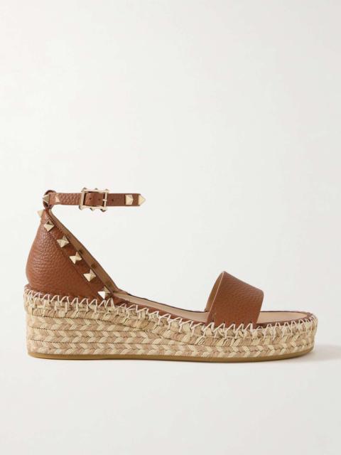 Valentino Rockstud 55 textured-leather espadrille wedge sandals