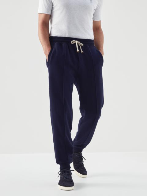 Brunello Cucinelli Brushed cotton French terry trousers with Crête detail and knit inserts in virgin wool, cashmere and