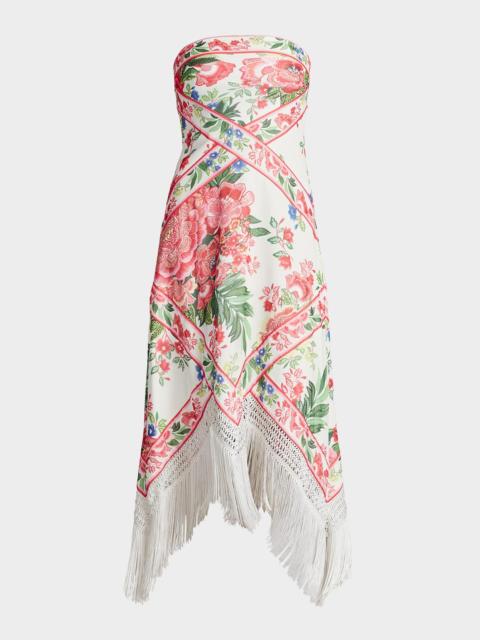 TADASHI SHOJI Strapless Floral-Print Fringe Midi Dress