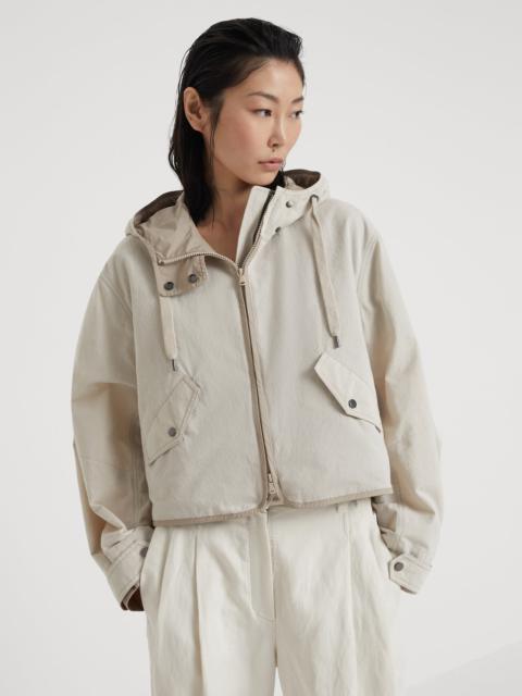 Techno cotton canvas hooded outerwear jacket with monili