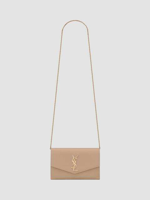 SAINT LAURENT Women's Uptown Chain Wallet in Grain De Poudre Embossed Leather - Dark Beige