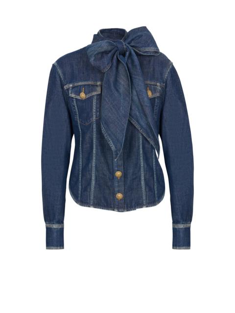 Denim shirt with bow collar