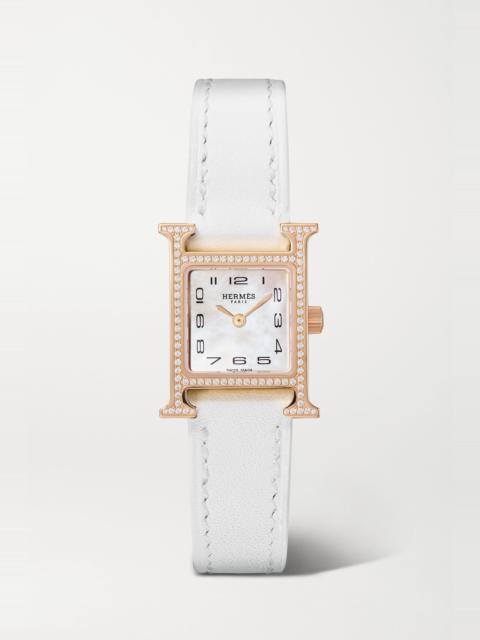 Hermès Heure H 21mm mini rose gold-plated, leather, mother-of-pearl and diamond watch