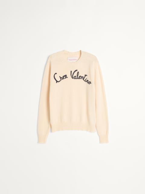 Valentino WOOL CREWNECK SWEATER WITH CHEZ VALENTINO EMBROIDERY