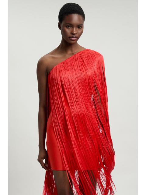 KAREN MILLEN Figure Form Bandage One Shoulder Fringe Mini Knit Dress