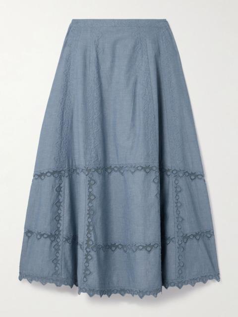 ULLA JOHNSON Lucia embroidered mesh-trimmed cotton-chambray midi skirt Blue