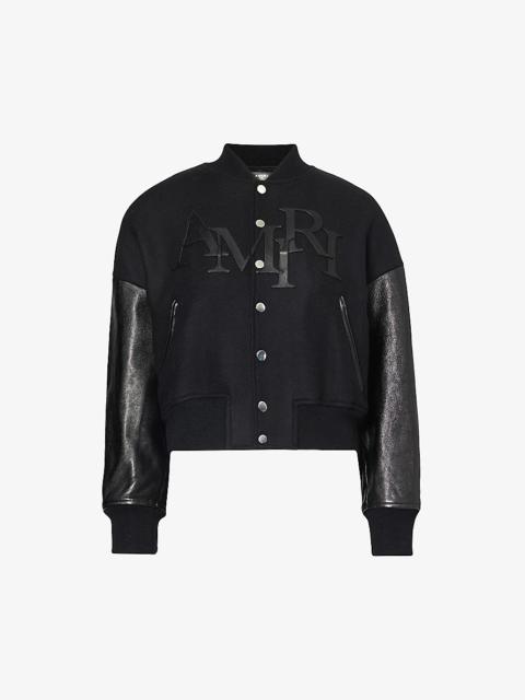 Brand-embossed leather-sleeved wool-blend jacket