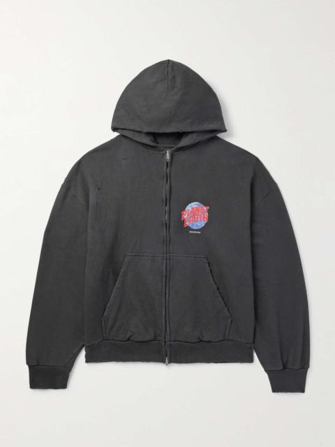 BALENCIAGA Distressed Logo-Print Cotton-Jersey Zip-Up Hoodie