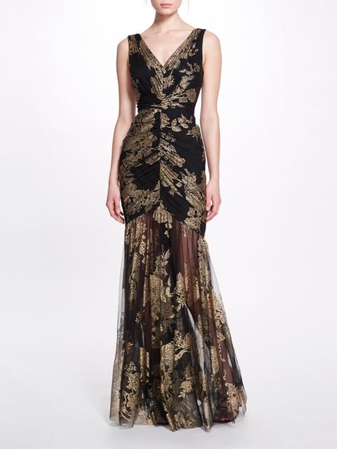 Marchesa V-NECK RUCHED GOWN