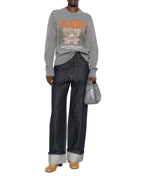 GANNI CREWNECK KNIT SWEATER WITH FRONT GRAPHIC INTARSIA