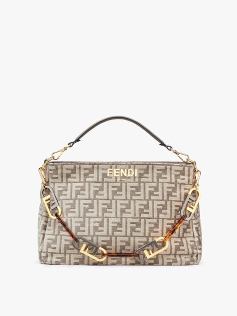 FENDI Shoulder bag made of chenille with dove gray FF tapestry motif, decorated with metal Fendi Roma lett