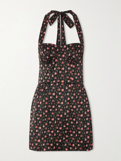 Dolce & Gabbana Floral-print silk-blend satin halterneck mini dress Black