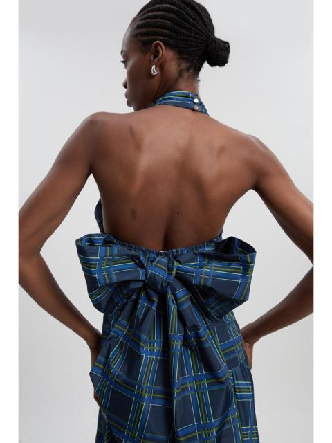 KAREN MILLEN Check Taffeta Cross Front Halter Neck Blouse With Bow Detail